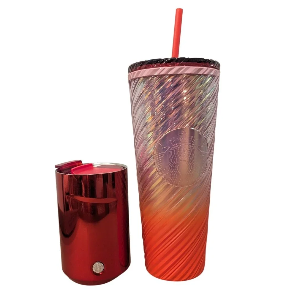 Starbucks Venti Iridescent Swirl Sunset Cold Cup & Metallic Red Tumbler Bundle